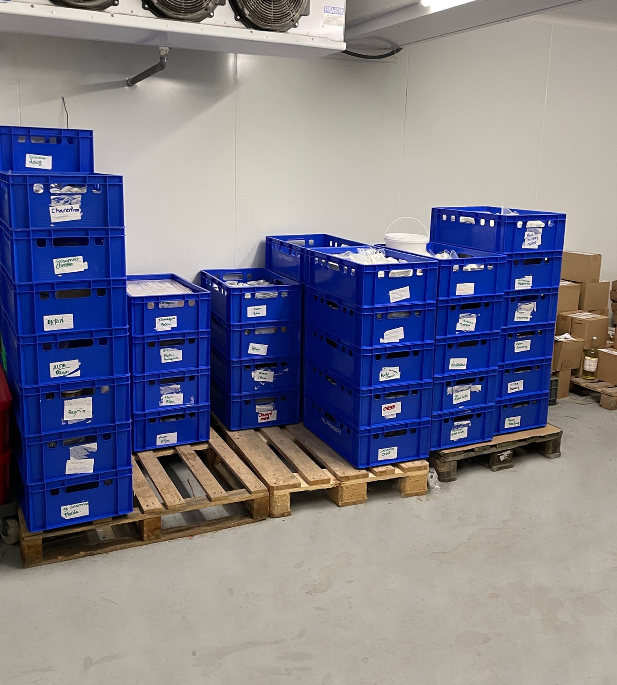 Des caisses de fromages étiquetées, empilées sur des palettes dans la chambre froide de l'entrepôt