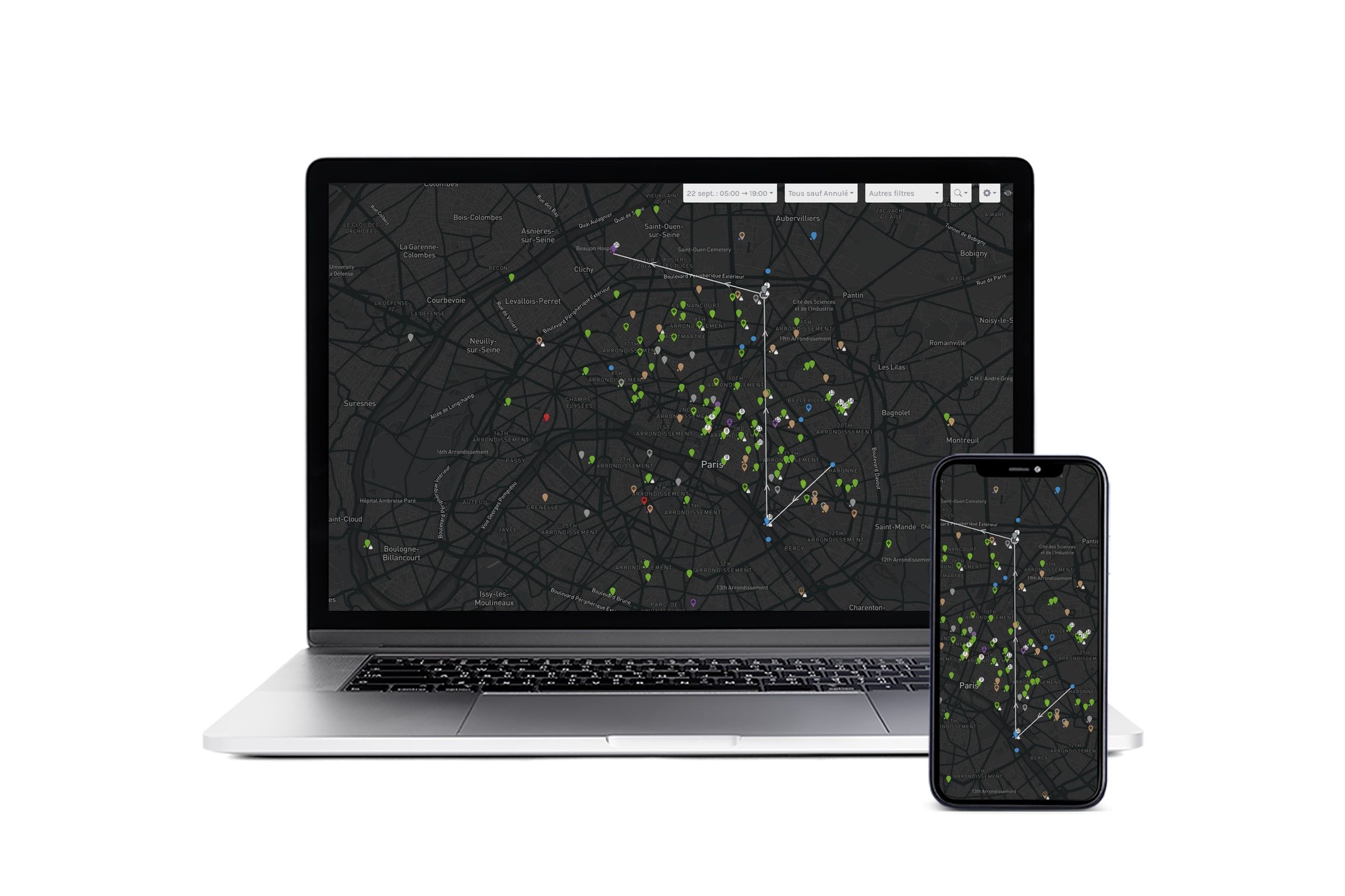 La carte de suivi des courses Springare affichée sur un ordinateur portable et un téléphone